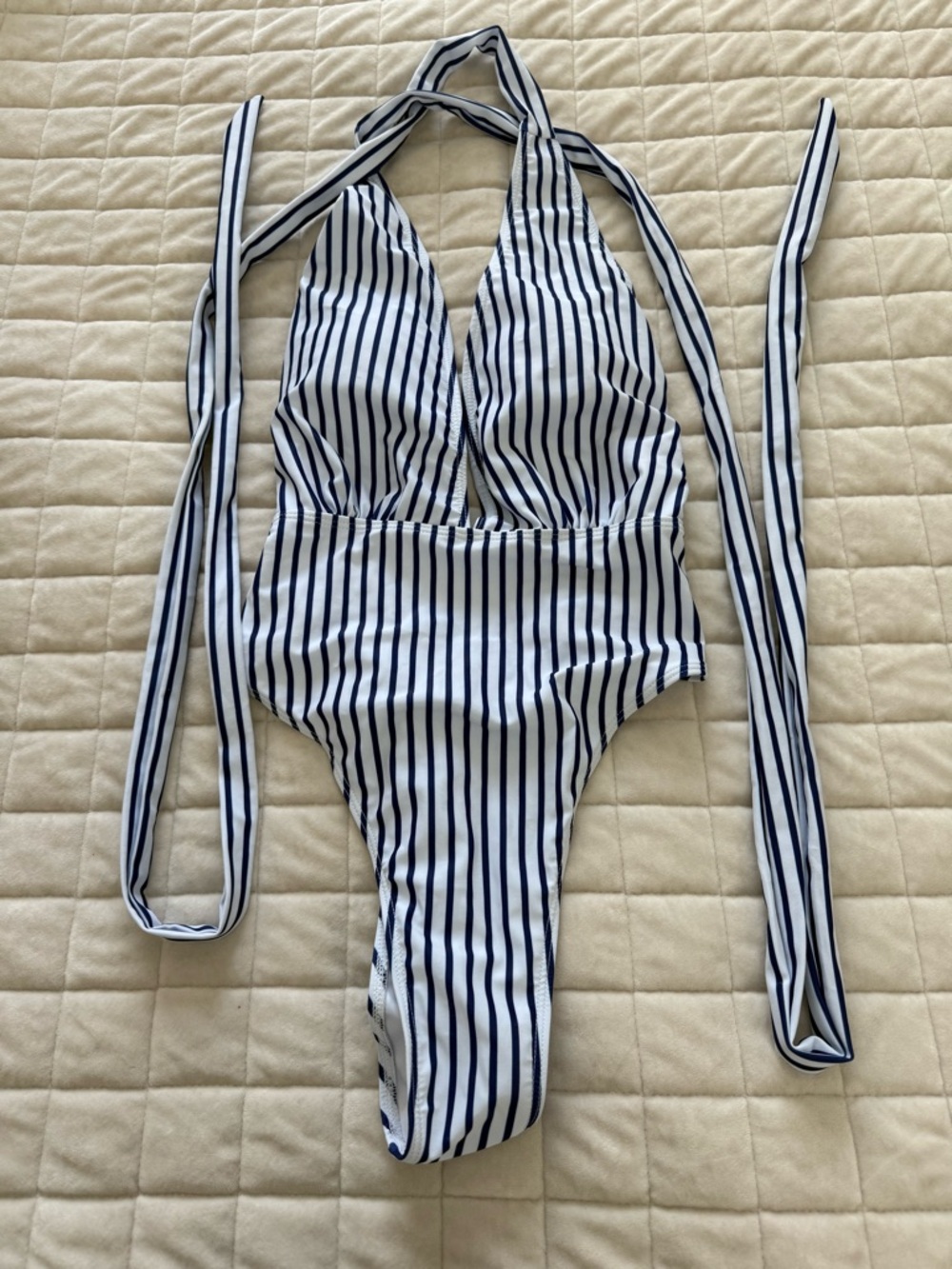 Striped Halter One-Piece Swimsuit - Navy/White